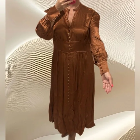 Marc & Spenser collection midaxi satin button down dress in bronse. - Picture 3 of 11
